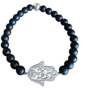 6mm Matte Onyx with Pave Hamsa Hand Connector and Sterling Silver Ball Spacer